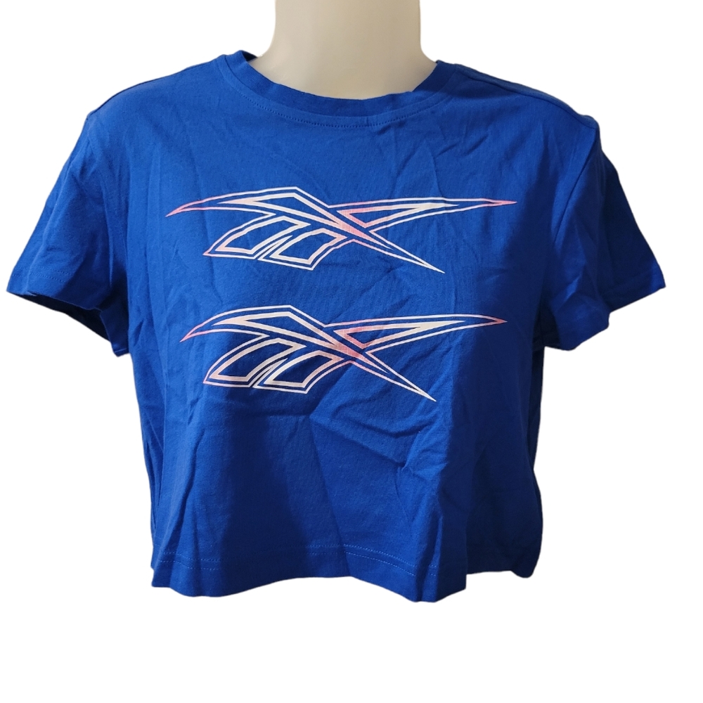Reebok Women's Blue Cropped Athletic  Short Sleeve TShirt Sz Small